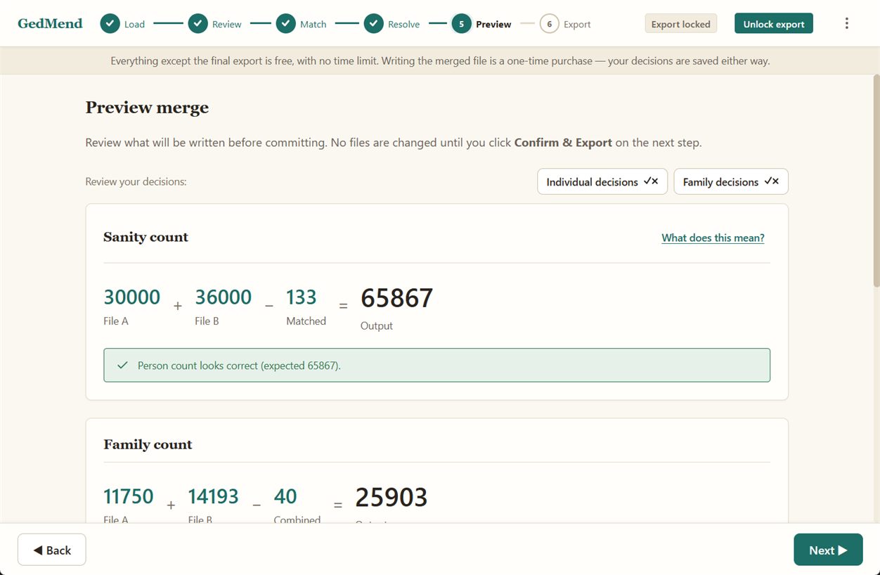 Preview merge with a sanity count confirming the expected person count