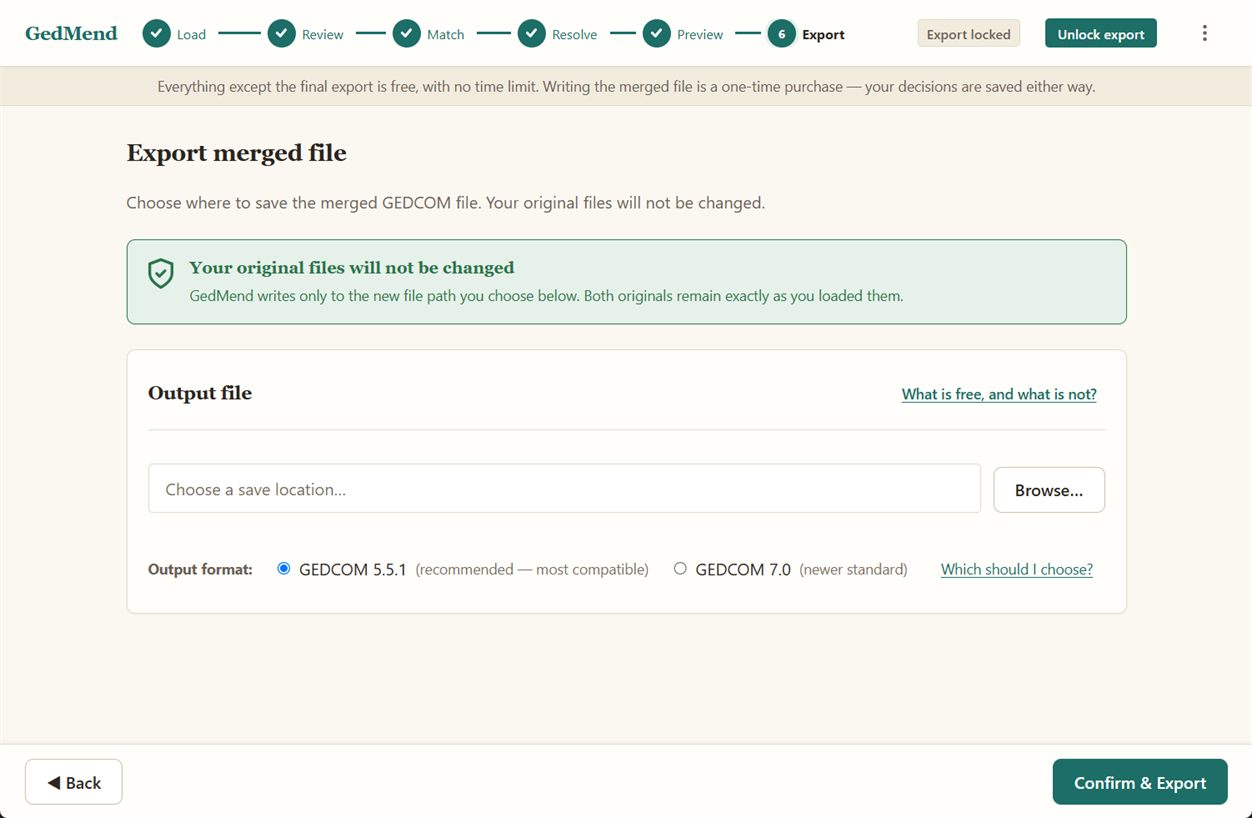 Export merged file to a new path, originals unchanged, choose GEDCOM 5.5.1 or 7.0